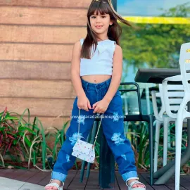 Calca Jeans Infantil Feminina Mom Destroyed