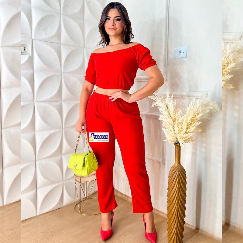 Conjunto Andressa Cropped E Calça Liso Conjunto Andressa Cropped E Calça Liso