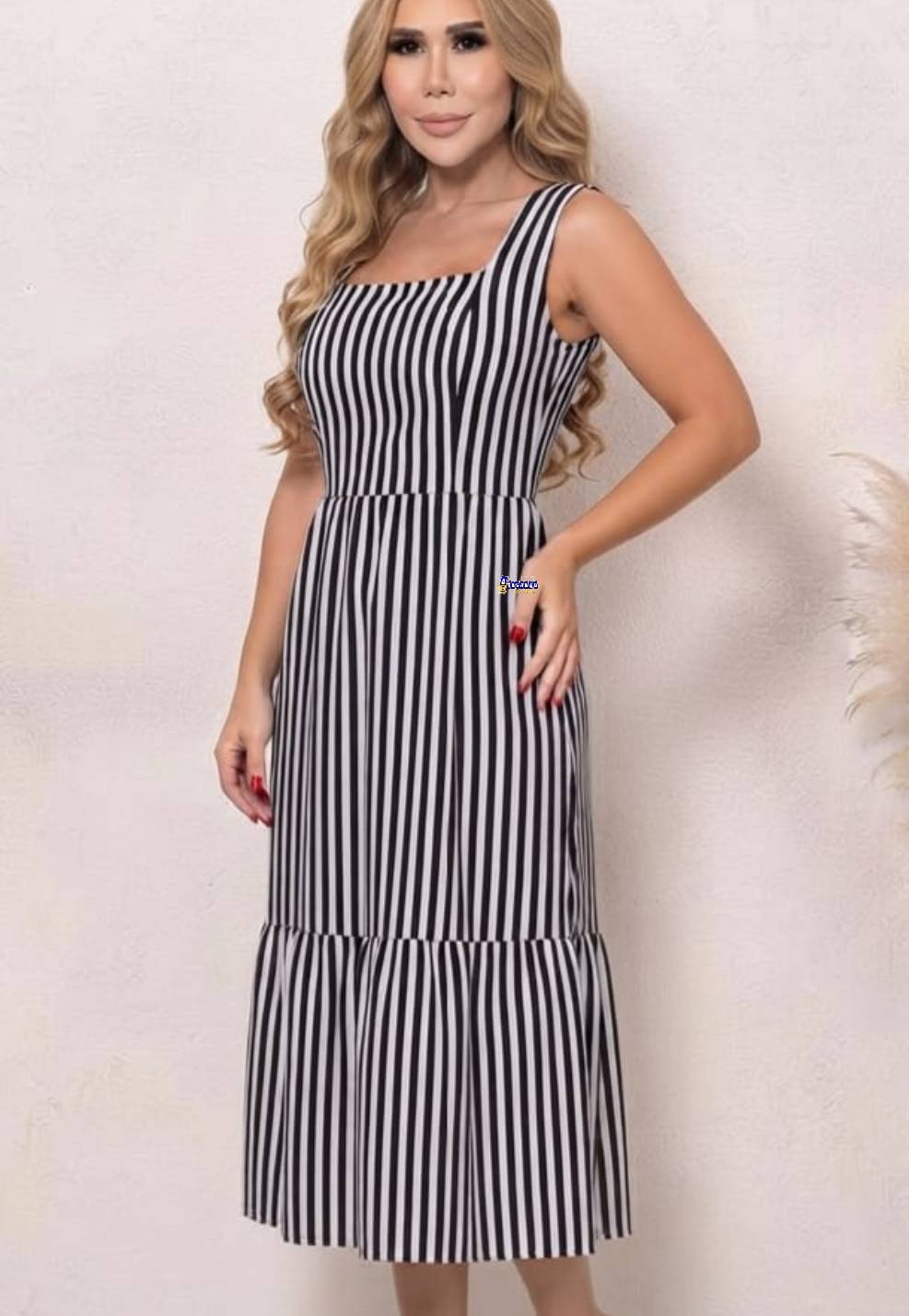 Vestido Aline Listrado Alça Larga Com Babado Vestido Aline Listrado Alça Larga Com Babado