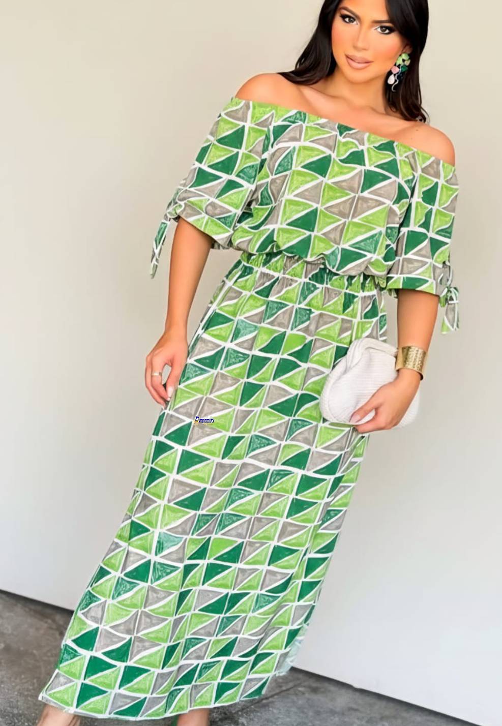 Vestido Longo Estampado Manga Laço Vestido Longo Estampado Manga Laço