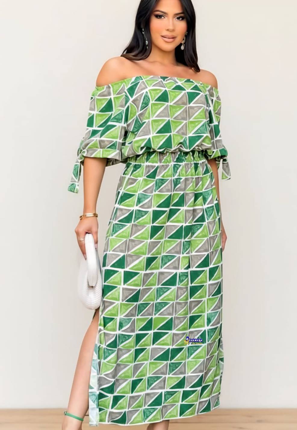 Vestido Longo Estampado Manga Laço