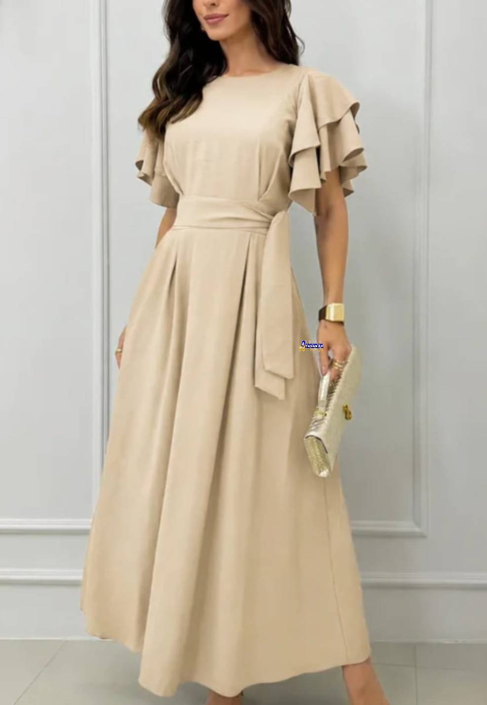 Vestido Longo Feminino Manga Babado Elegante Vestido Longo Feminino Manga Babado Elegante