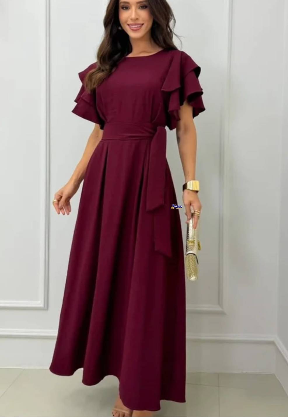 Vestido Longo Feminino Manga Babado Elegante Vestido Longo Feminino Manga Babado Elegante