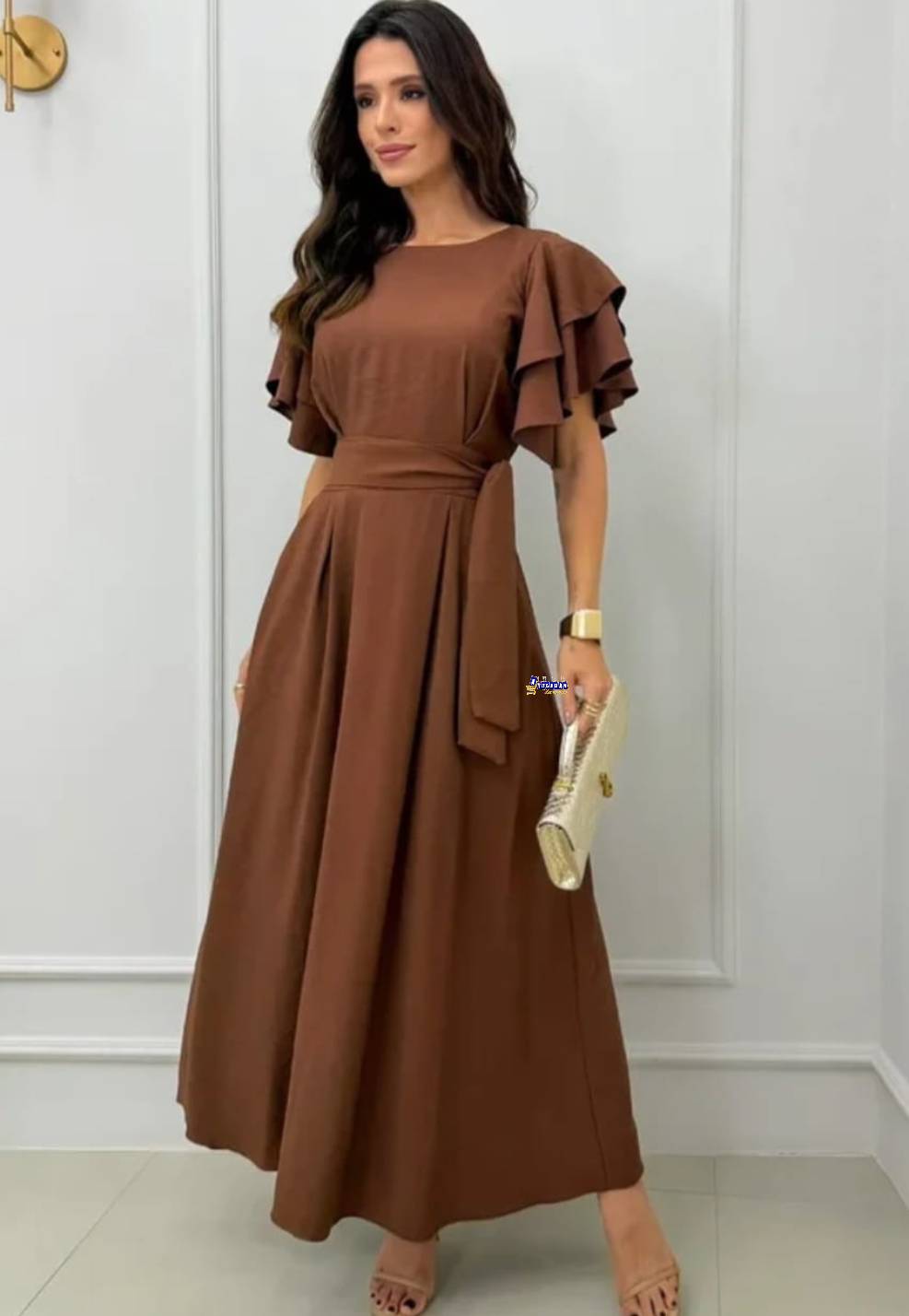 Vestido Longo Feminino Manga Babado Elegante Vestido Longo Feminino Manga Babado Elegante