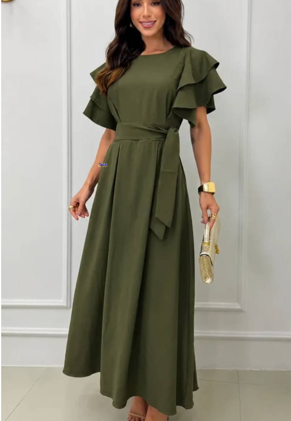 Vestido Longo Feminino Manga Babado Elegante Vestido Longo Feminino Manga Babado Elegante
