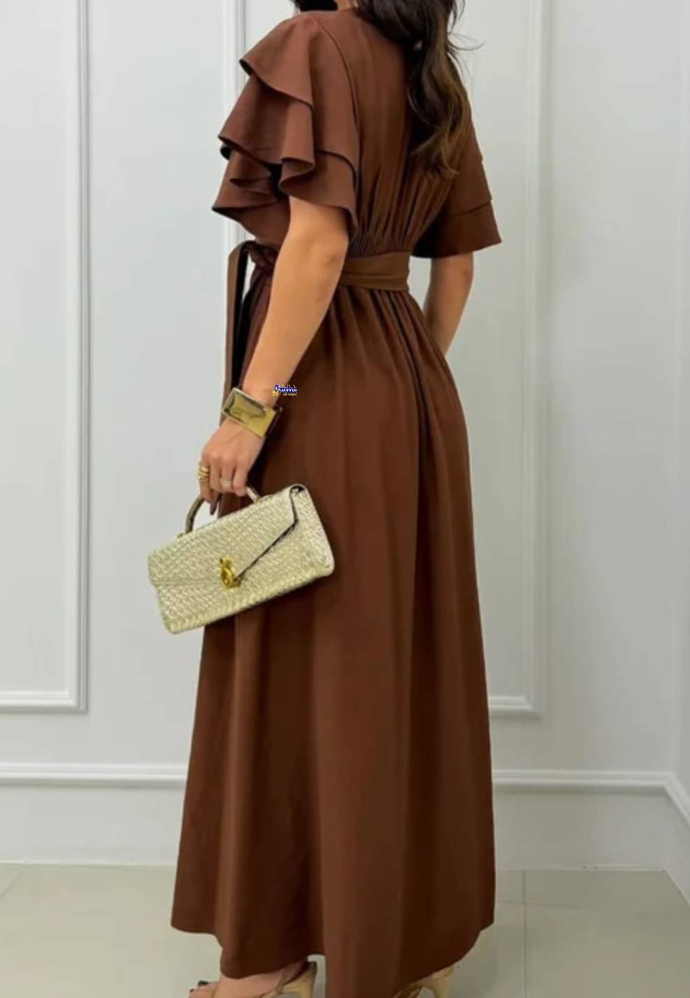 Vestido Longo Feminino Manga Babado Elegante Vestido Longo Feminino Manga Babado Elegante