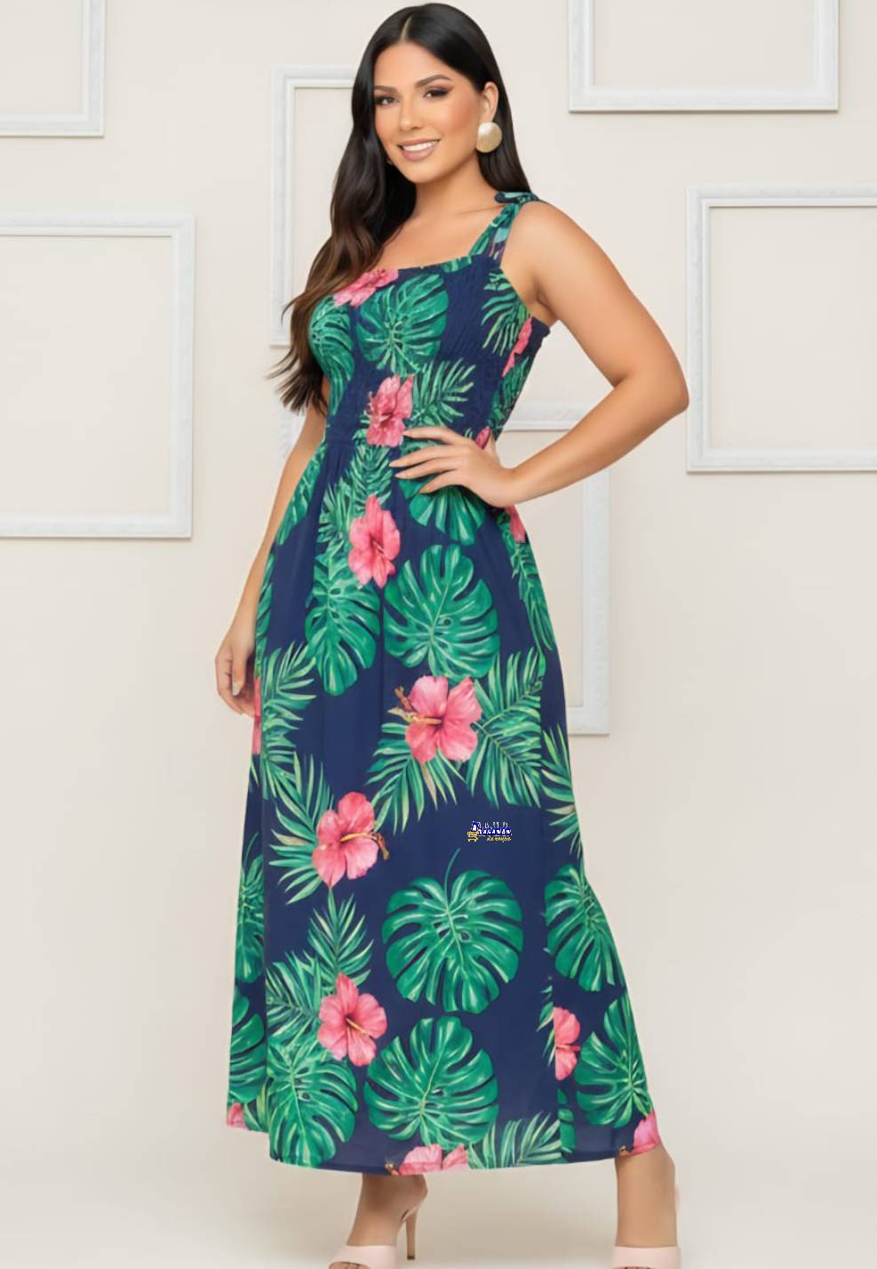 Vestido Longo Lastex Alça Laço Estampado Vestido Longo Lastex Alça Laço Estampado