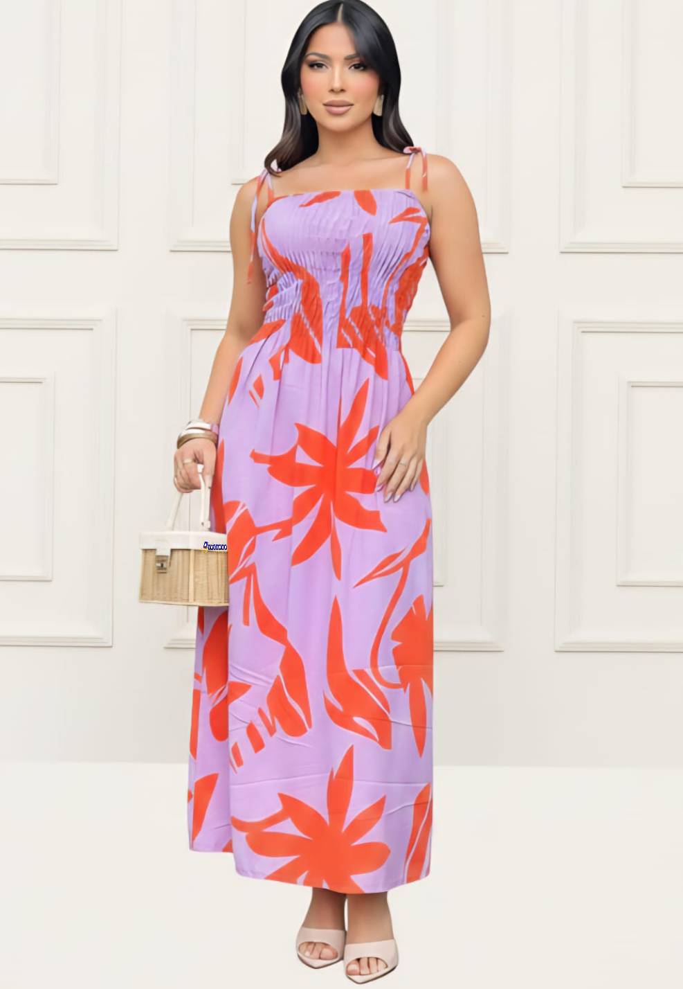 Vestido Longo Lastex Alça Laço Estampado Vestido Longo Lastex Alça Laço Estampado