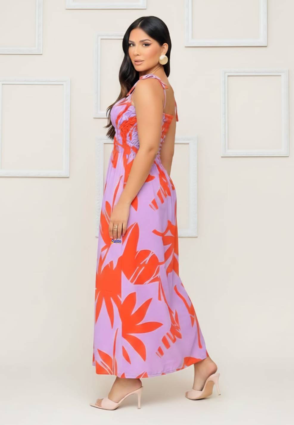 Vestido Longo Lastex Alça Laço Estampado