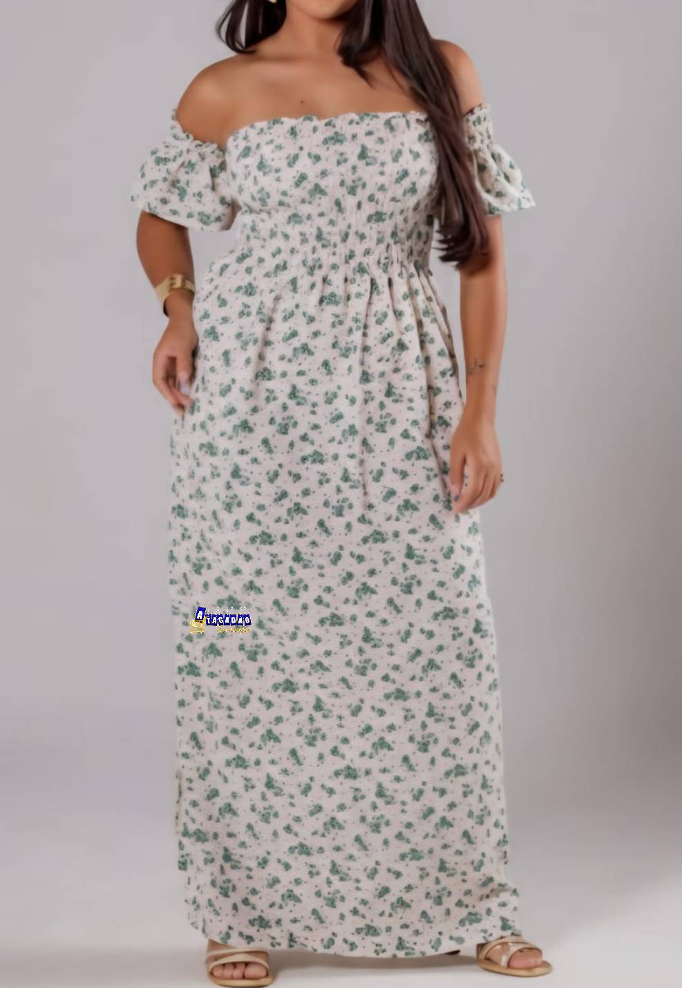 Vestido Longo Lastex Manga Ombro a Ombro