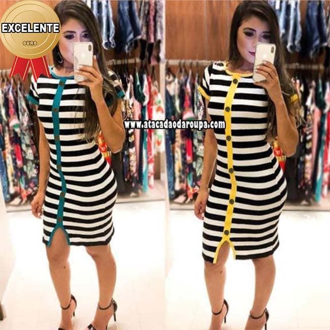 Vestidos Listrados Botões Frontal M Vestidos Listrados Botões Frontal M